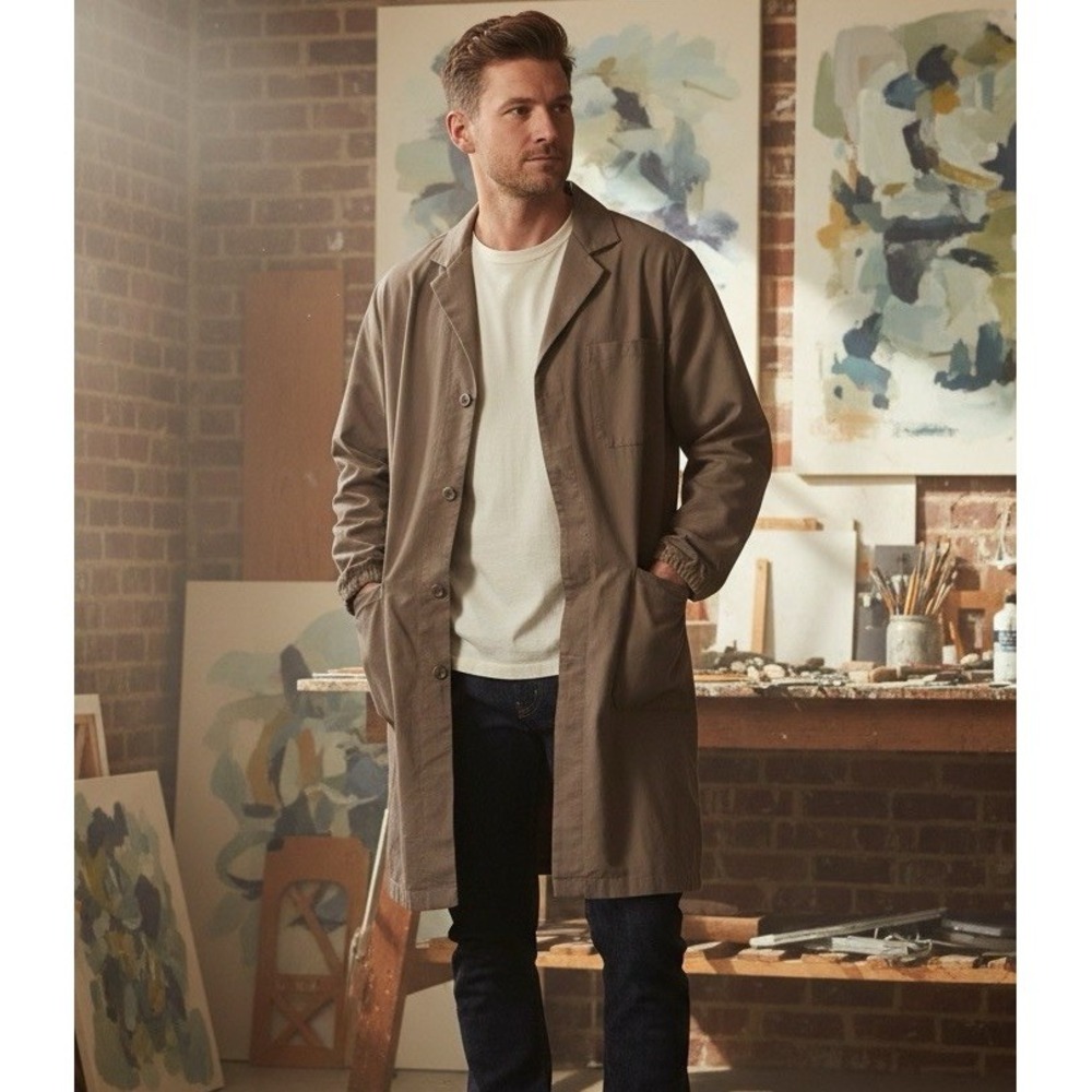 MUJI Washed Oxford Shop Coat Grayish Brown Organic Cotton Mens M NWT